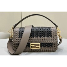 Fendi Medium Baguette Bag Black and Dove Gray interlaced leather and raffia 2024