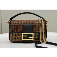 Fendi Mini Baguette Bag Brown FF jacquard fabric with sequins 2024