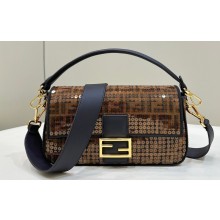Fendi Medium Baguette Bag Brown FF jacquard fabric with sequins 2024