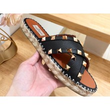 Valentino Grainy Calfskin Double Rockstud Espadrilles Slide Sandals Black