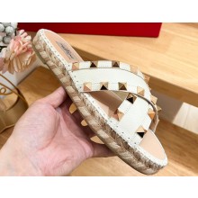Valentino Grainy Calfskin Double Rockstud Espadrilles Slide Sandals White