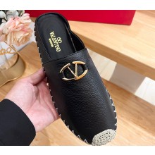 Valentino The Bold Edition Vlogo Grainy Calfskin Espadrilles Mules Black 2024