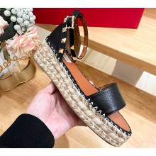Valentino Grainy Calfskin Rockstud Flatform Espadrilles Sandals Black