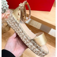 Valentino Grainy Calfskin Rockstud Flatform Espadrilles Sandals Gold