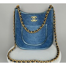 Chanel Washed Denim & Gold-Tone Metal Hobo Handbag AS4532 Blue 2024