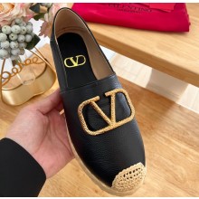 Valentino Gold Vlogo Grainy Calfskin Espadrilles Black