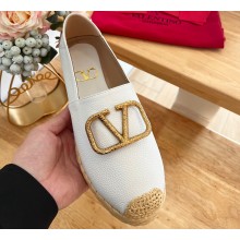 Valentino Gold Vlogo Grainy Calfskin Espadrilles White
