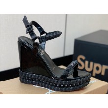 Christian Louboutin Heel 12cm Pyraclou Studded Spike Espadrilles wedge Sandals Patent Black