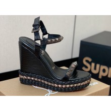 Christian Louboutin Heel 12cm Pyraclou Studded Spike Espadrilles wedge Sandals Python Pattern Black