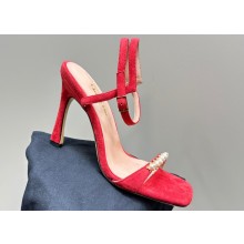 Dior Heel 10cm Diorly Heeled Sandals in Red Suede Calfskin and White Resin Pearls 2024