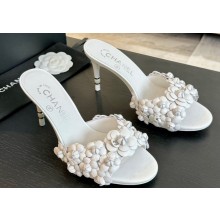 Chanel Pearl Heel 8cm Camellia Mules White 2024