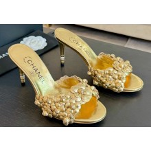 Chanel Pearl Heel 8cm Camellia Mules Gold 2024