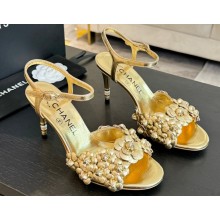 Chanel Pearl Heel 8cm Camellia Sandals Gold 2024