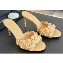 Chanel Pearl Heel 8cm Camellia Mules Beige 2024