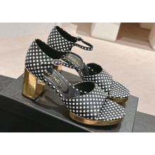 Chanel Gold Heel Calfskin Sandals Dotted Black 2024