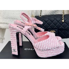 Chanel Heel 12cm Platform 4cm Sandals Tweed Pink 2024