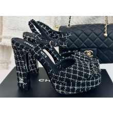 Chanel Heel 12cm Platform 4cm Sandals Tweed Black 2024