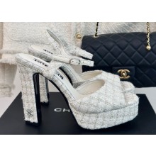 Chanel Heel 12cm Platform 4cm Sandals Tweed White 2024