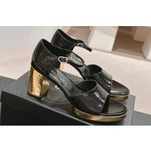 Chanel Gold Heel Calfskin Sandals Crinkled Black 2024