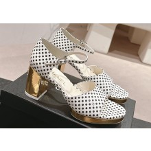 Chanel Gold Heel Calfskin Sandals Dotted White 2024