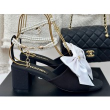 Chanel Heel 6cm Imitation Pearls Sandals G45813 Satin Black/White 2024