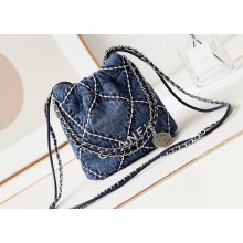 Chanel Stitched Denim & Silver-Tone Metal CHANEL 22 Mini Handbag AS3980 Blue