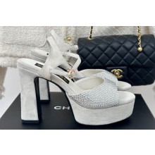 Chanel Heel 12cm Platform 4cm Sandals Suede White/Crystals 2024