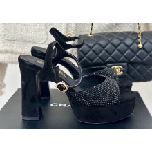 Chanel Heel 12cm Platform 4cm Sandals Suede Black/Crystals 2024