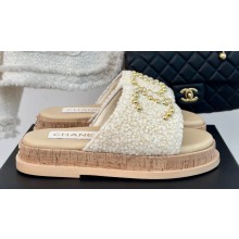 Chanel Gold Pearl CC Logo Mules Tweed Beige 2024