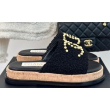 Chanel Gold Pearl CC Logo Mules Tweed Black 02 2024