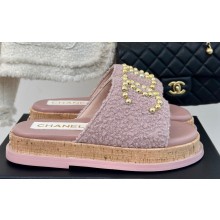 Chanel Gold Pearl CC Logo Mules Tweed Pink 2024