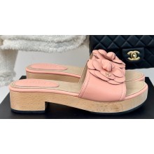 Chanel Heel 4cm Camellia and CC Logo Mules Leather Pink 2024