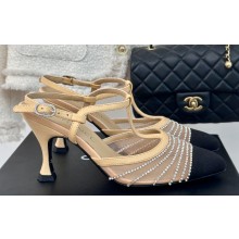 Chanel Heel 8.5cm Crystal Mesh Slingbacks Leather Beige 2024