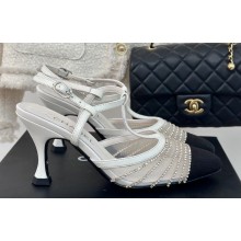 Chanel Heel 8.5cm Crystal Mesh Slingbacks Leather White 2024
