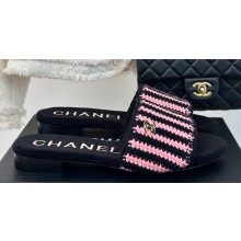 Chanel CC Logo Braided Striped Mules Knit Black/Pink 2024