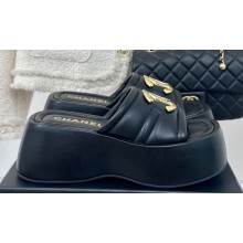 Chanel Heel 7cm Gold CC Logo Platform Mules Leather Black 2024