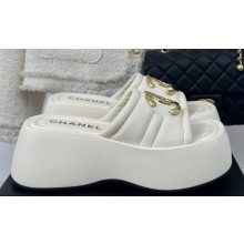 Chanel Heel 7cm Gold CC Logo Platform Mules Leather White 2024