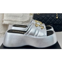 Chanel Heel 7cm Gold CC Logo Platform Mules Leather Silver 2024