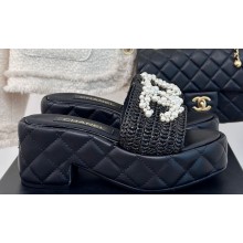 Chanel Heel 7cm Pearl CC Logo Platform Mules Raffia Black 2024