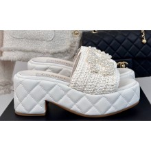 Chanel Heel 7cm Pearl CC Logo Platform Mules Raffia White 2024