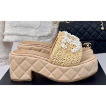 Chanel Heel 7cm Pearl CC Logo Platform Mules Raffia Beige 2024