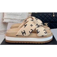 Chanel Heel 3cm CC Logo Print Crisscross Mules Leather Beige 2024