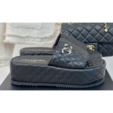 Chanel Pearl and Crystal Gold CC Logo Platform Mules Quilting Leather Black 2024