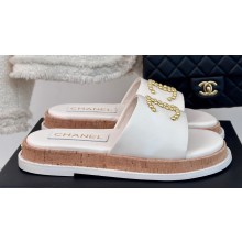 Chanel Gold Pearl CC Logo Mules Leather White 2024