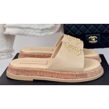 Chanel Gold Pearl CC Logo Mules Leather Beige 2024
