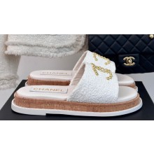 Chanel Gold Pearl CC Logo Mules Tweed White 01 2024