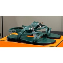 Hermes June sandals with iconic Kelly buckle and straps in calfskin Green 2024