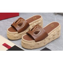 Valentino Heel 8.5cm Platform 5.5cm Vlogo Cut-Out Slide Wedge Sandals Espadrilles in calfskin leather Brown 2024