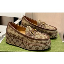 Gucci Heel 5cm Women's Horsebit wedge loafers 794316 in GG canvas Beige 2024