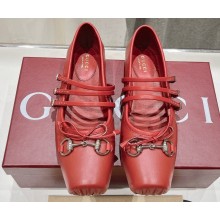 Gucci Leather Horsebit Ballet Flats with Bow Red 2024